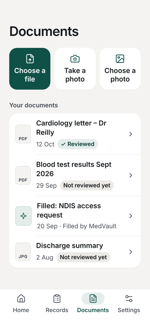 The Documents screen, with buttons to choose a file, take a photo or choose a photo, and a list of letters and results.
