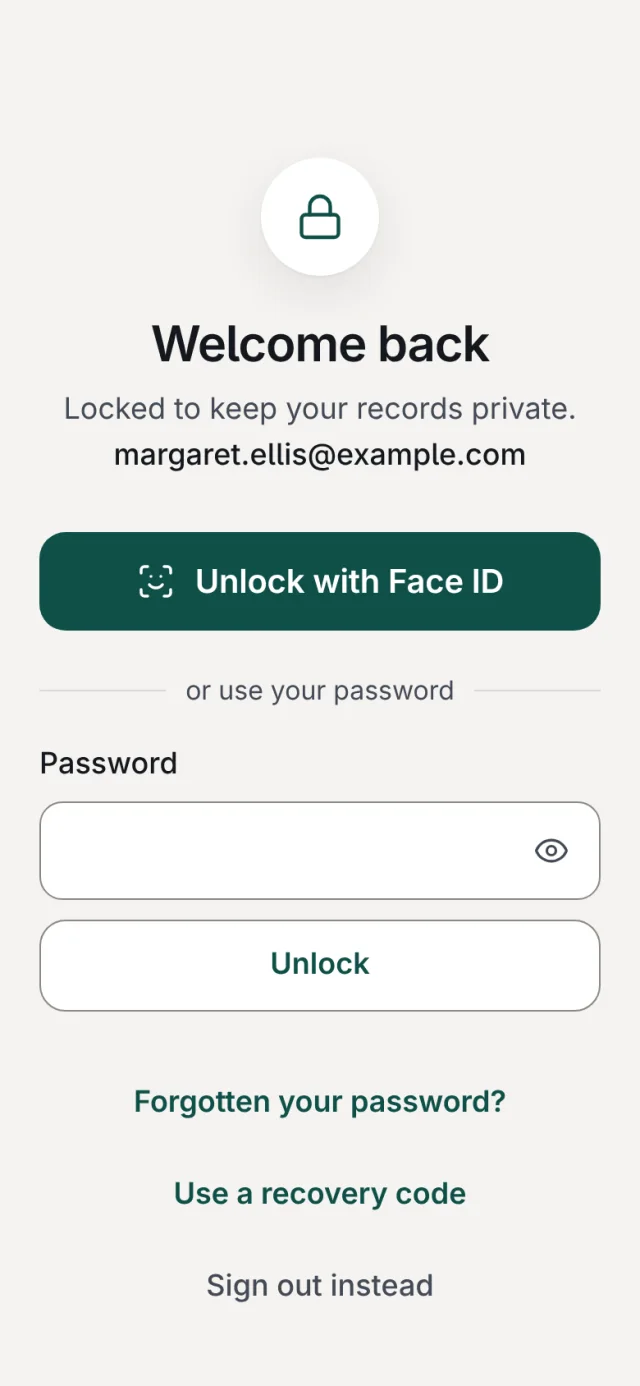 The MedVault lock screen: Locked to keep your records private. Buttons to unlock with Face ID or with your password, and a link to use a recovery code.