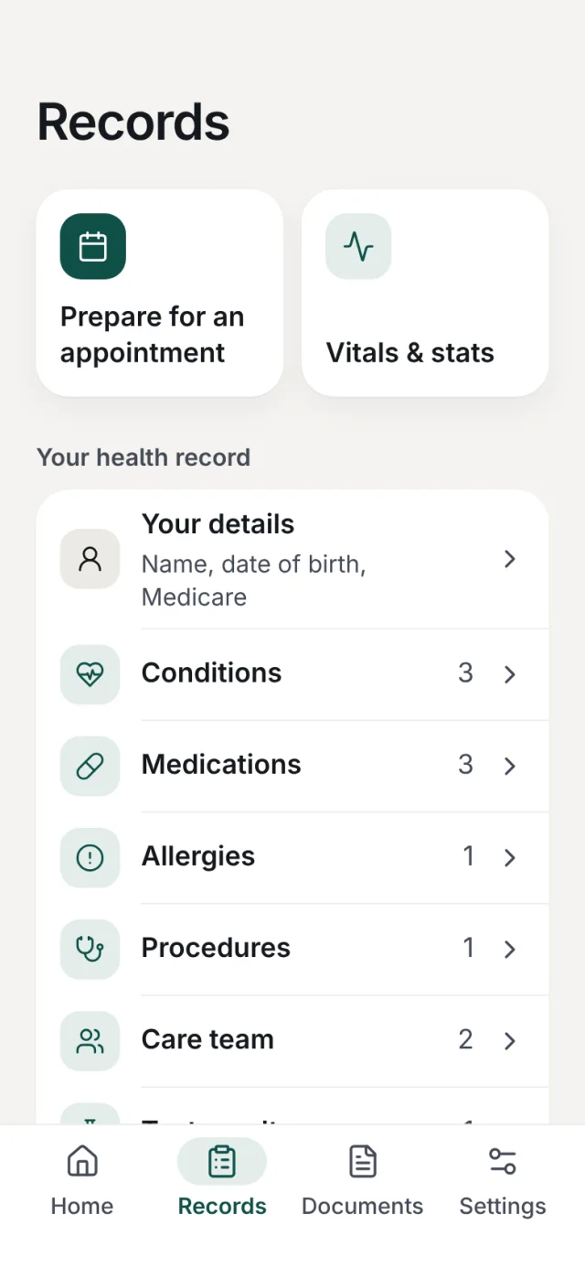 The Records screen: Prepare for an appointment, Vitals and stats, and your health record grouped into conditions, medications, allergies, procedures, care team and test results.