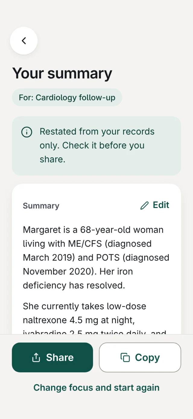Your summary, for a cardiology follow-up: a plain paragraph restated from your records only, with Edit, Share and Copy buttons.