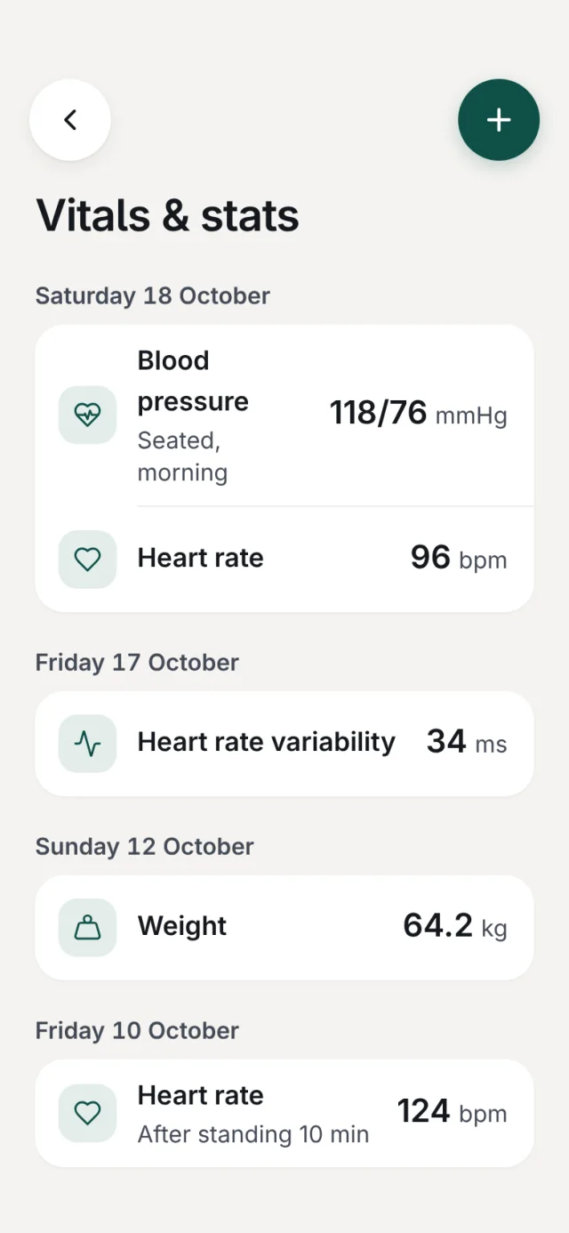 The Vitals and stats screen: readings grouped by day, such as blood pressure, heart rate, heart rate variability and weight.